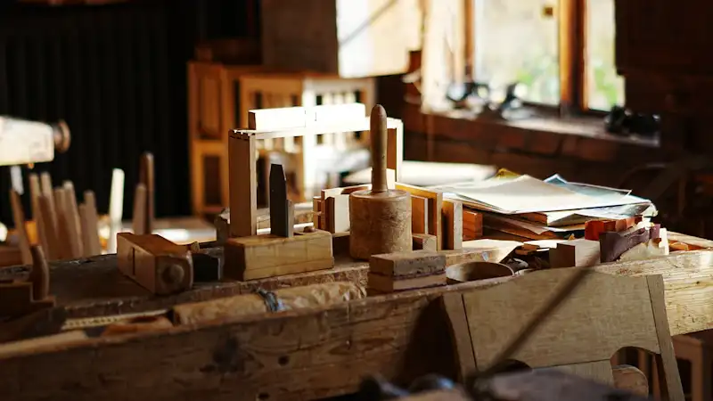 Joinery workshop with workbench and tools
