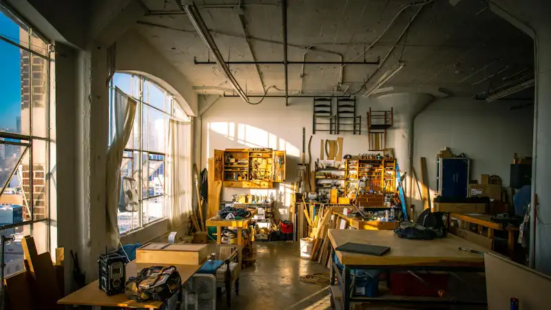 Timber workshop interior with machinery